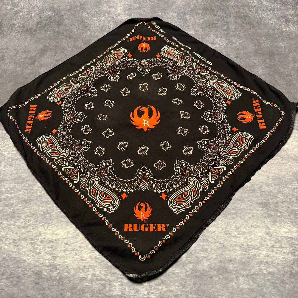 Ruger Firearms Bandana Black Orange Paisley Logo 100% Cotton RN Mens Accessory